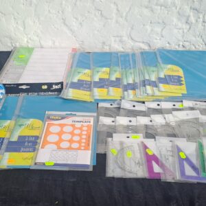 Mixed stationery lot — TreeLine 5‑tab dividers, Helix templates, Faber‑Castell set squares, clear protractors & rulers (bulk, sealed packs)