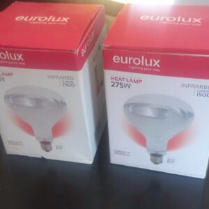 Pair of Eurolux 275W Infrared Heat Lamp Bulbs – E27 Base, Boxed, Briefly Tested