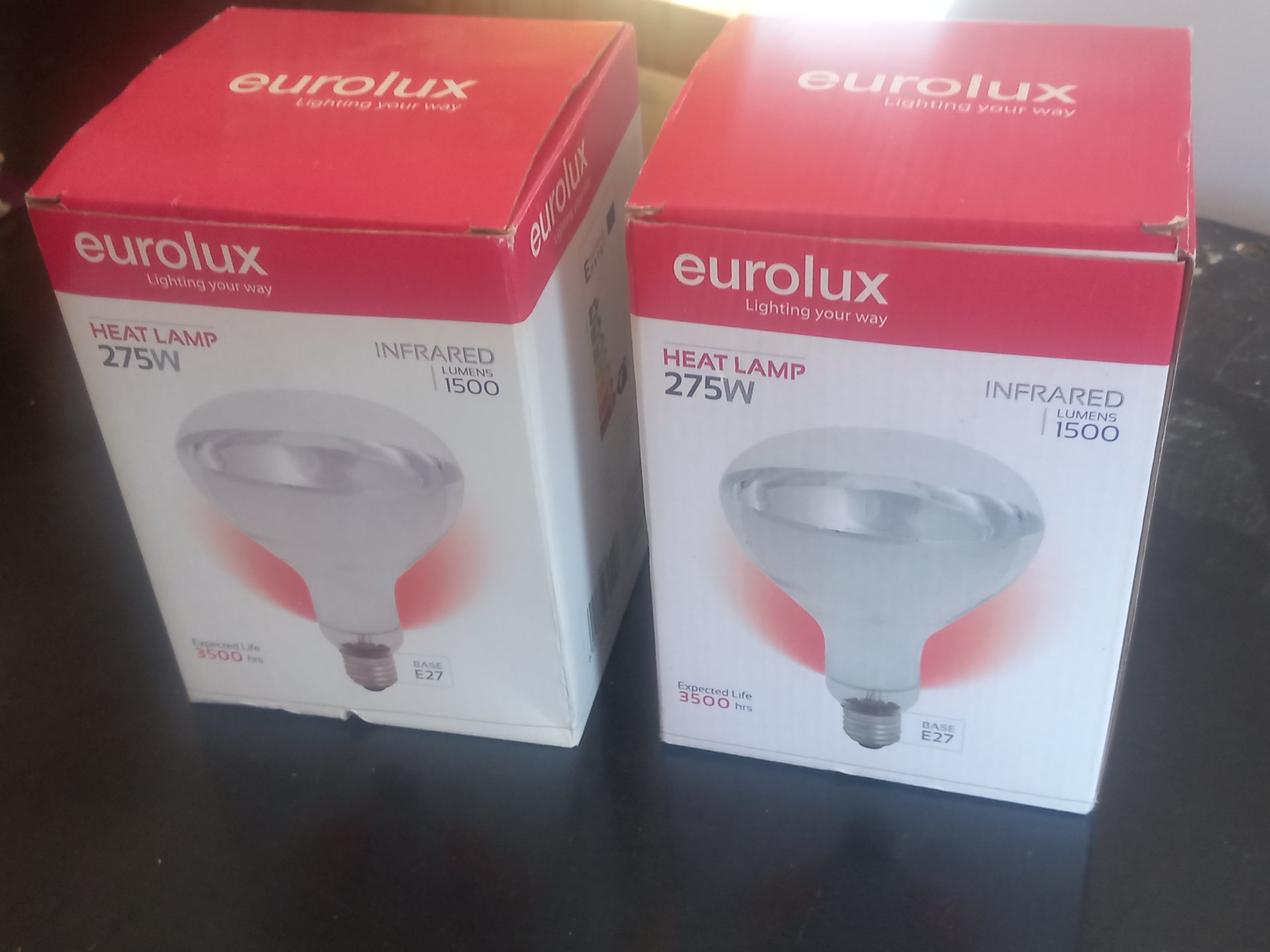 Pair of Eurolux 275W Infrared Heat Lamp Bulbs – E27 Base, Boxed, Briefly Tested