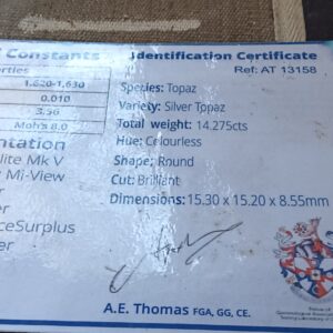 Loose Round Brilliant Silver Topaz, 14.275 ct (certificate shown)