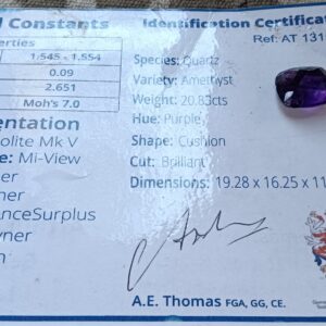 Cushion-Cut Purple Amethyst (Quartz) Gemstone with ID Certificate — 20.83 cts