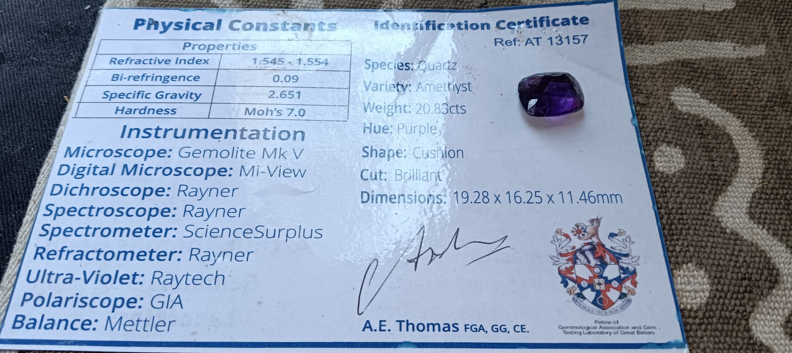Cushion-Cut Purple Amethyst (Quartz) Gemstone with ID Certificate — 20.83 cts