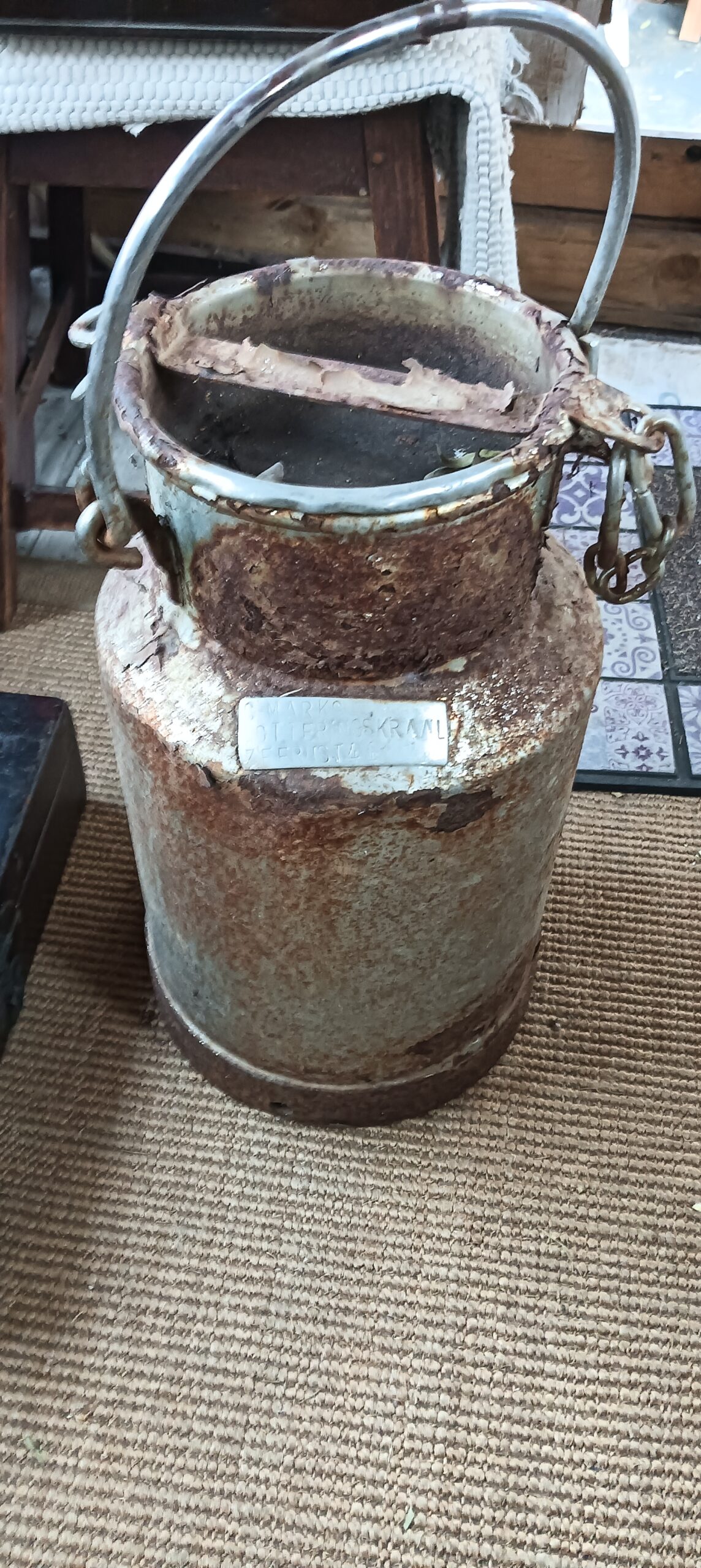 Heavily Corroded Vintage Metal Container with Handle and Engraved Plate