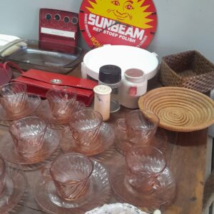 Mixed Lot of Household Odds & Ends — Pink/Amber Glass Cups with Saucers, Sign, Small Items