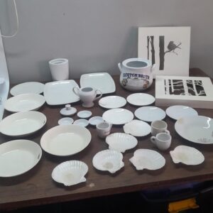 Mixed white dinnerware and decorative items — approx. 30-piece bundle