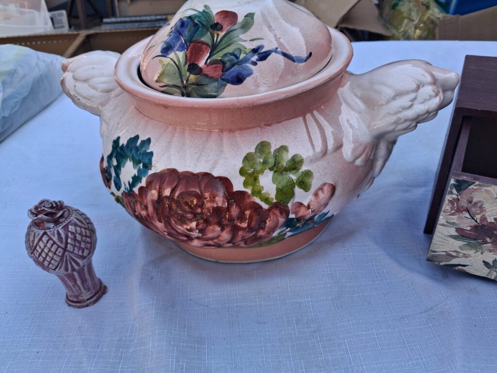 Decorative Lidded Floral Pot with Lid, Small Finial & Two-Drawer Wooden Box (3pcs)