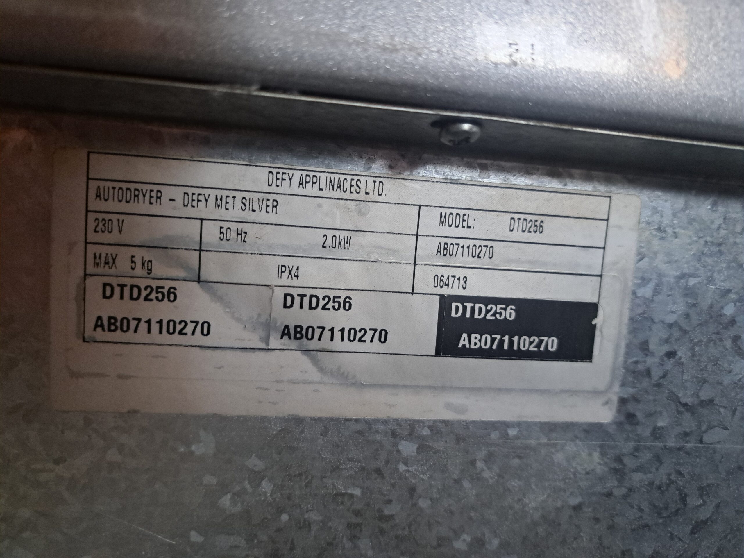 Defy DTD256 Clothes Dryer — single unit, metal finish, label visible