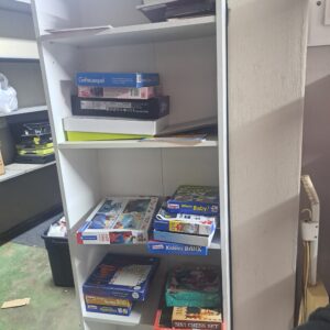 White Tall Shelving Unit with Assorted Boxed Puzzles & Board Games (Bundle)