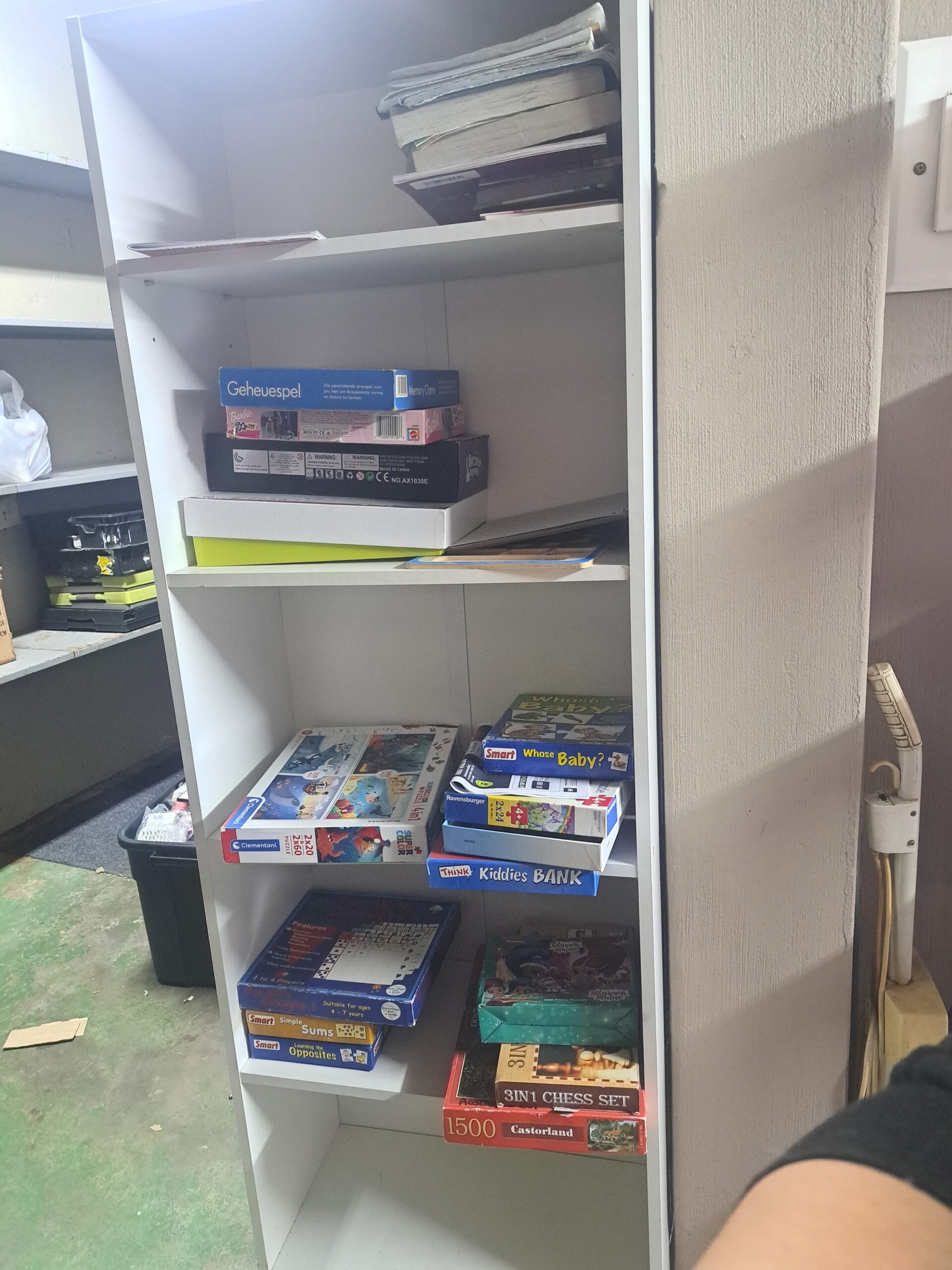 White Tall Shelving Unit with Assorted Boxed Puzzles & Board Games (Bundle)