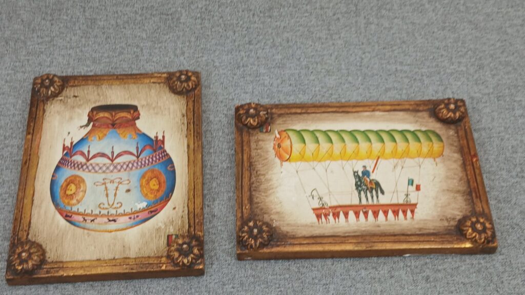 Pair of Framed Gilded Prints/Paintings on Wooden Block Signed De La Maria (17x13cm)