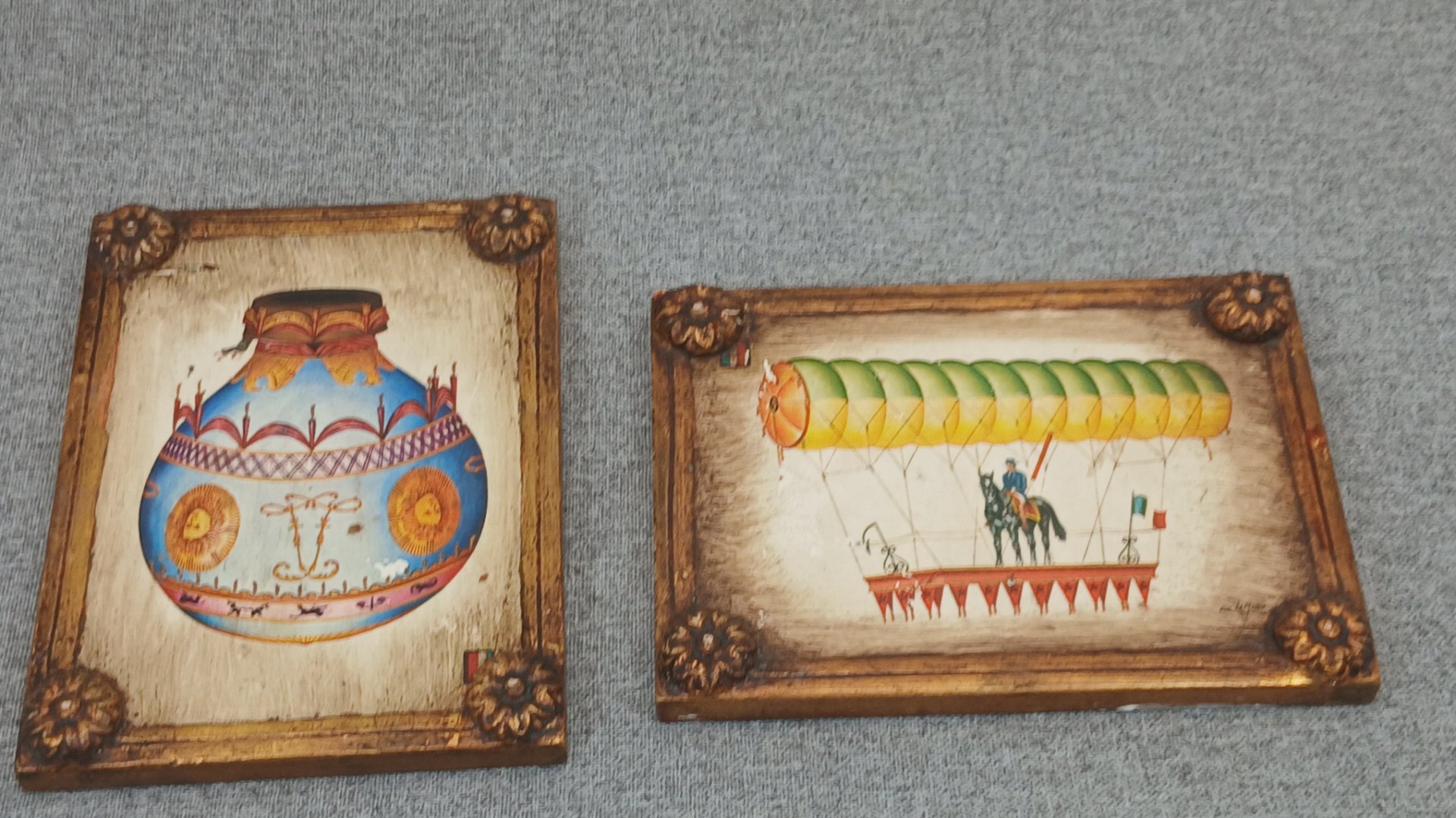 Pair of Framed Gilded Prints/Paintings on Wooden Block Signed De La Maria (17x13cm)