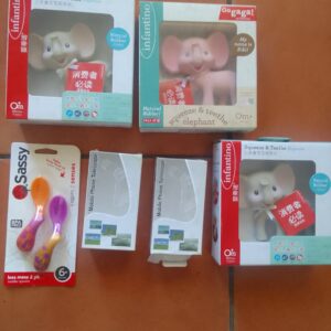 Mixed lot: Infantino Squeeze & Teethe elephants, Sassy spoons & 2 mobile phone telescopes (6pcs