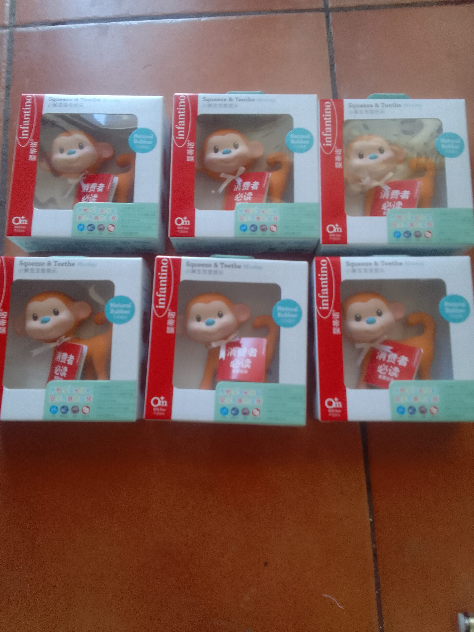 Lot of 6 Boxed Infantino Monkey Teether & Squeaker Baby Toys
