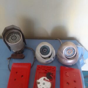 Mixed lot of 3 security cameras + 3 red faceplates — used, untested