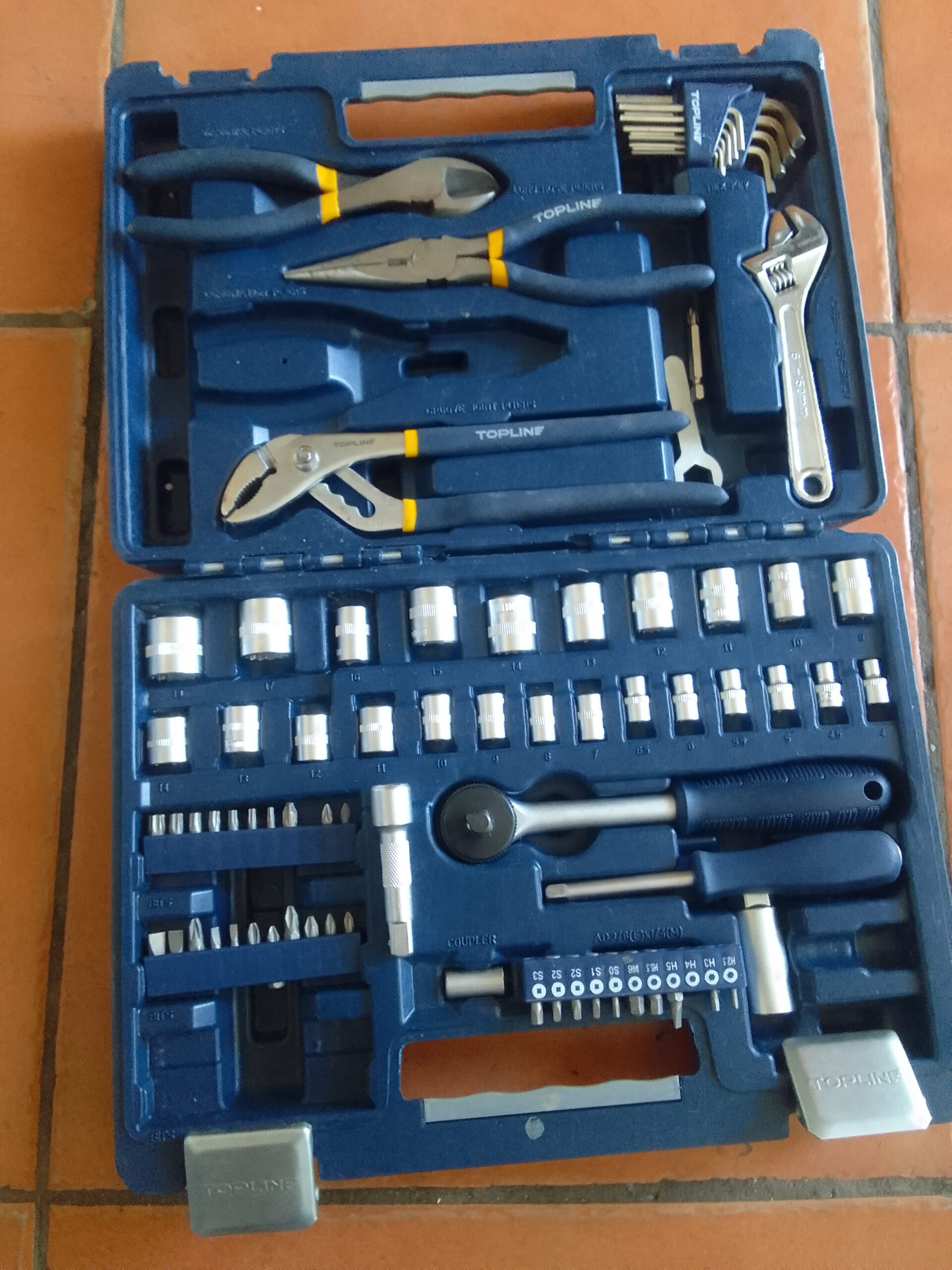 Topline Tool Kit in Blue Moulded Plastic Case — Multiple Hand Tools, Some Missing