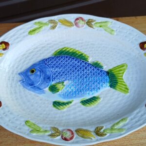 Large Vintage Ceramic Fish-Themed Serving Platter – 47x36cm, Hand-Painted Relief
