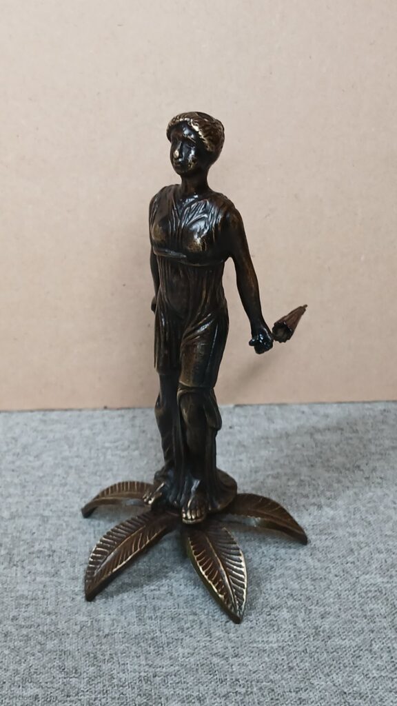 Antique Bronze Figurine – Woman with Parasol on Leaf Base, 18cm