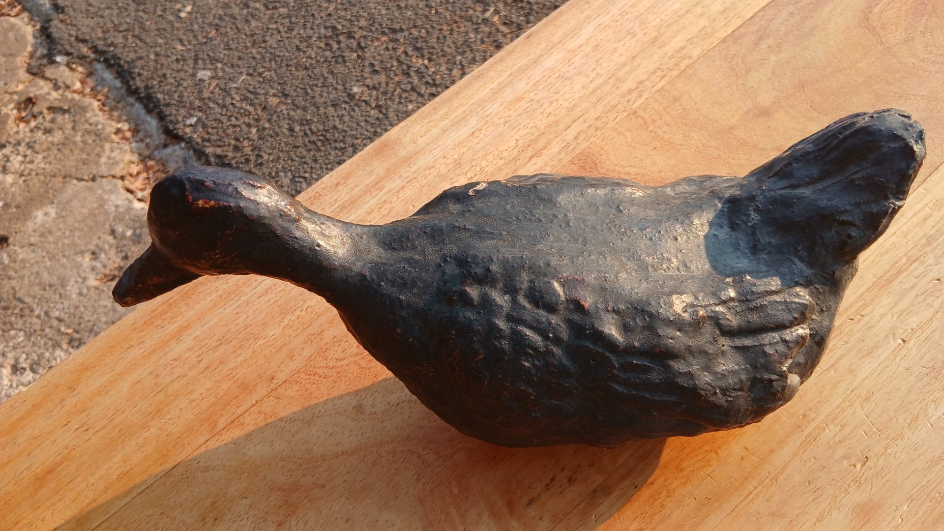 Hollow Duck Decorative Figure — Black painted, worn surface, rough open base