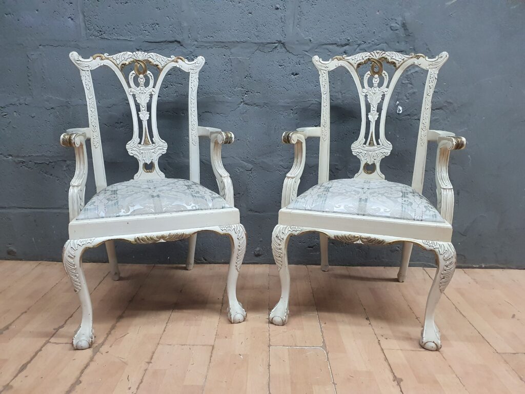 Pair of White-Painted Upholstered Armchairs — Carved Backs & Armrests