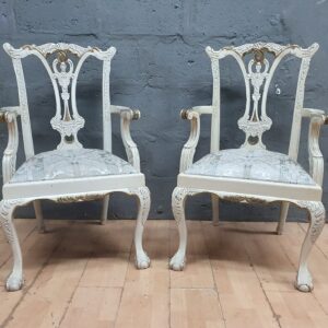 Pair of White-Painted Upholstered Armchairs — Carved Backs & Armrests