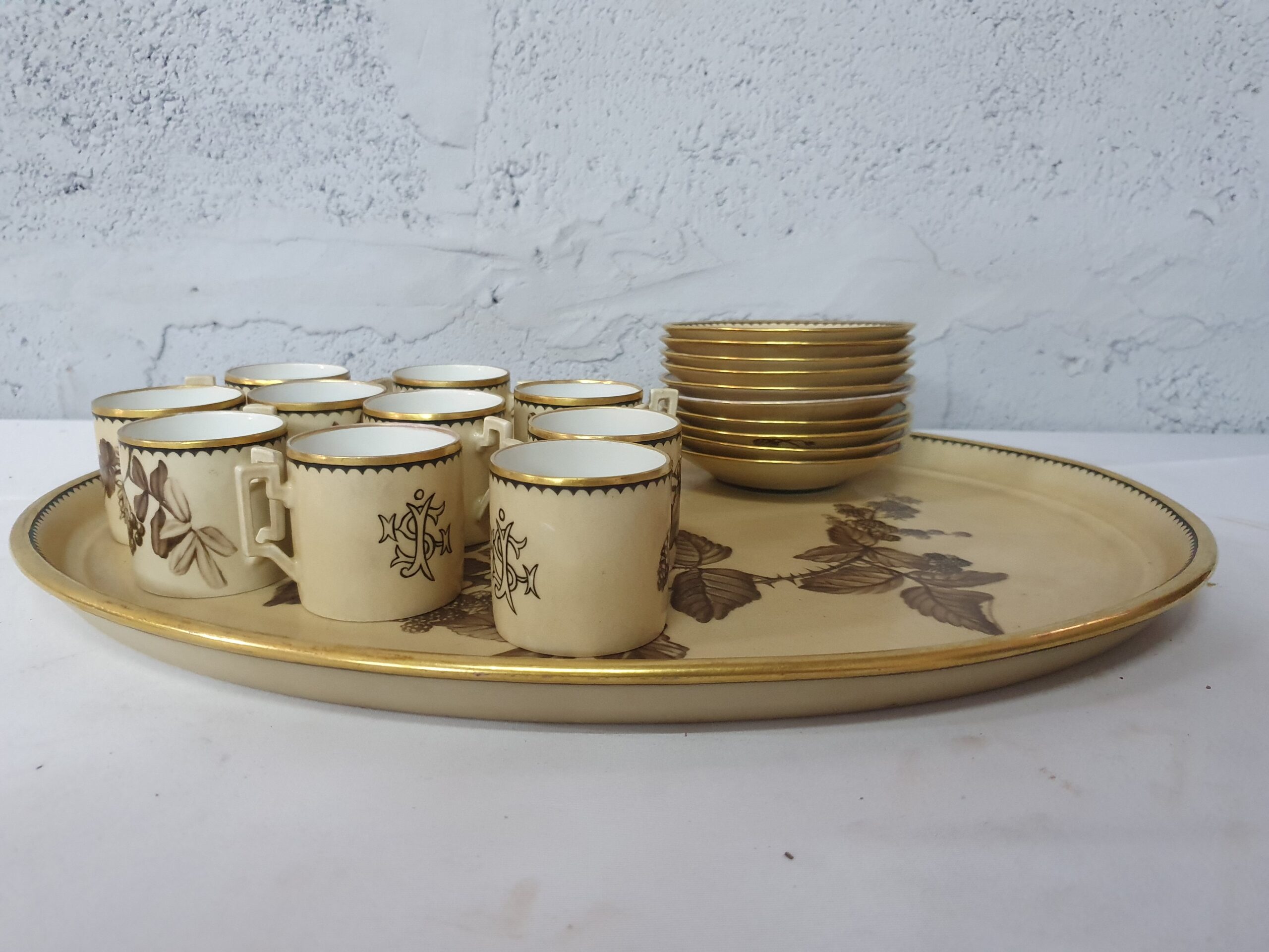 Lot of 10 Small Cups & 10 Saucers with Large Oval Serving Tray