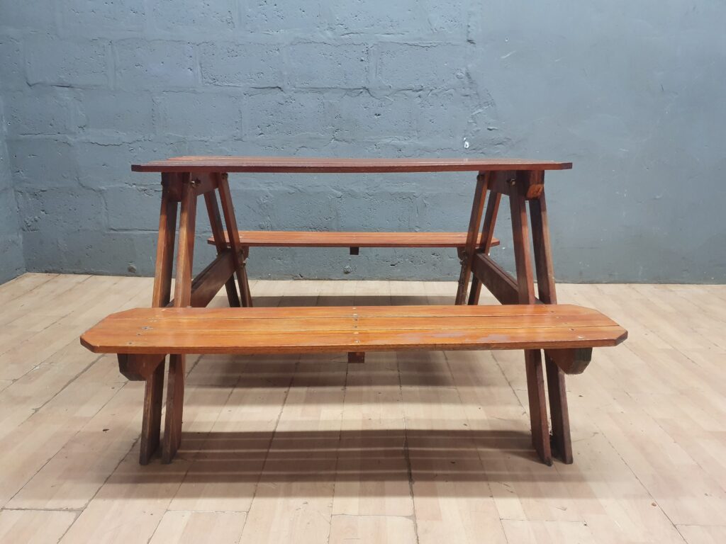 Wooden picnic-style table with attached benches — single, brown wood finish
