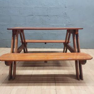 Wooden picnic-style table with attached benches — single, brown wood finish