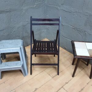 3-piece mixed lot: plastic two-step stool, wooden folding chair, small tile-top side table