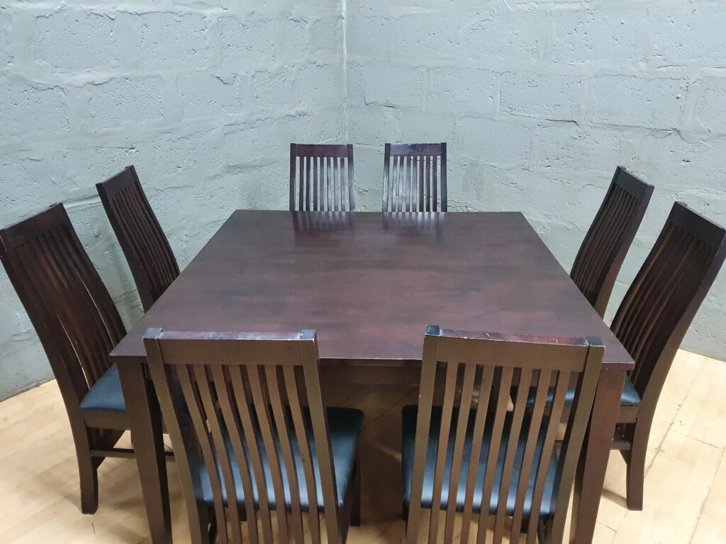 Dark Brown Dining Table with 4 Slat-Back Chairs — Imitation Leather Seats
