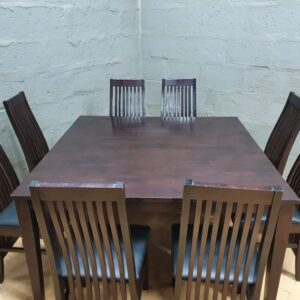 Dark Brown Dining Table with 4 Slat-Back Chairs — Imitation Leather Seats