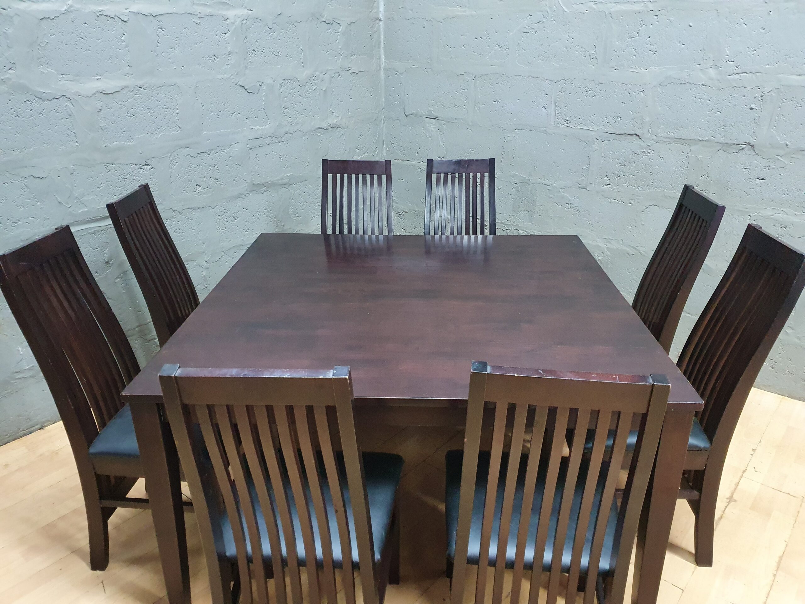 Dark Brown Dining Table with 4 Slat-Back Chairs — Imitation Leather Seats