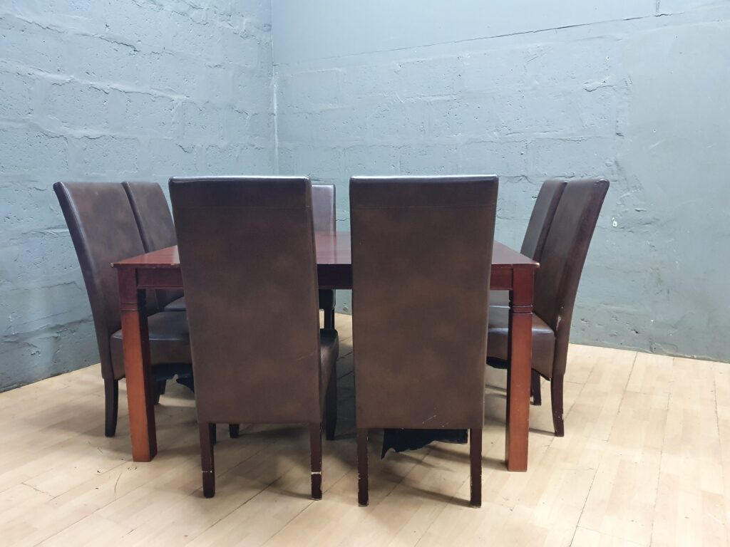 Square Dining Table with 6 Upholstered Chairs — Used Set, Visible Wear & Repairs Needed