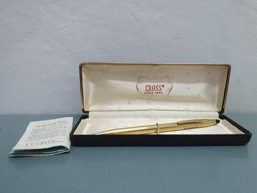 CROSS Gold-Tone Ballpoint Pen with Presentation Box & Booklet, Engraved ‘B. BAGSHAW’