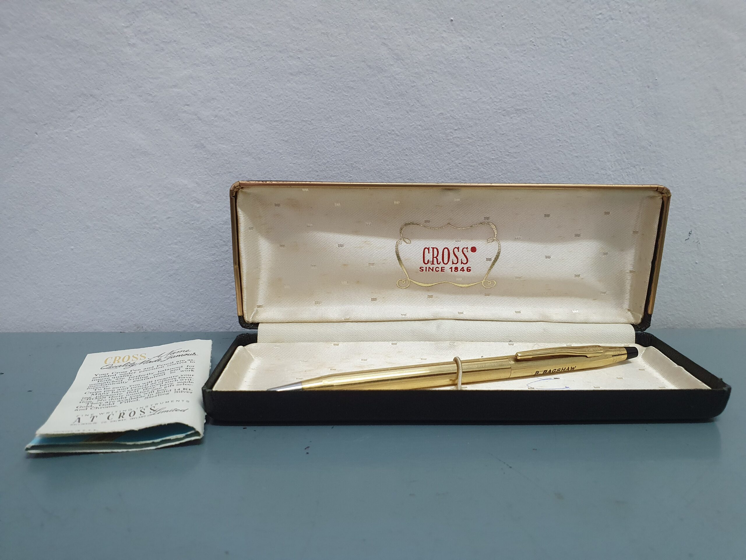 CROSS Gold-Tone Ballpoint Pen with Presentation Box & Booklet, Engraved ‘B. BAGSHAW’
