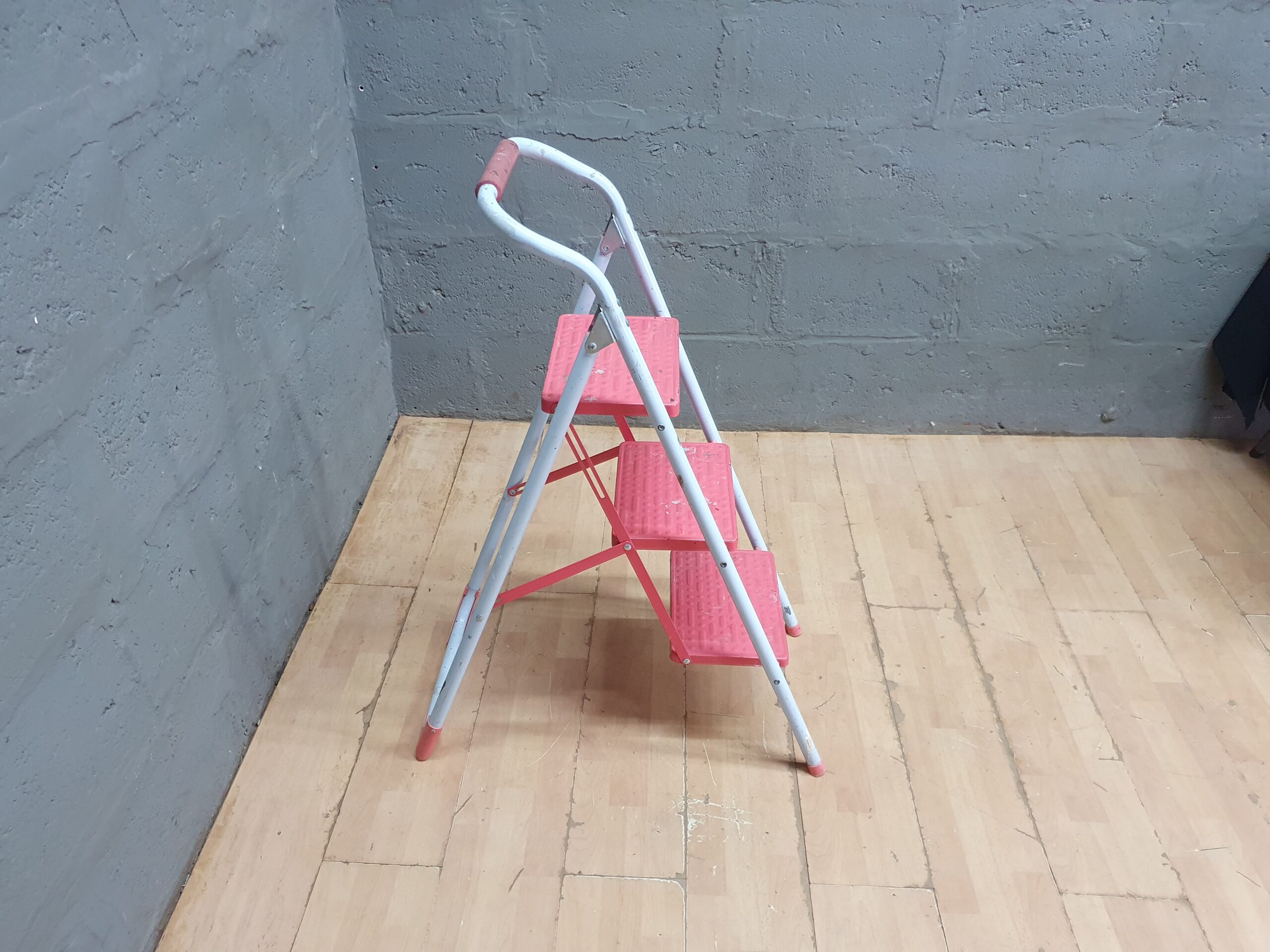 Folding 3-Step Step Stool / Ladder — White Frame, Pink Steps (Used)