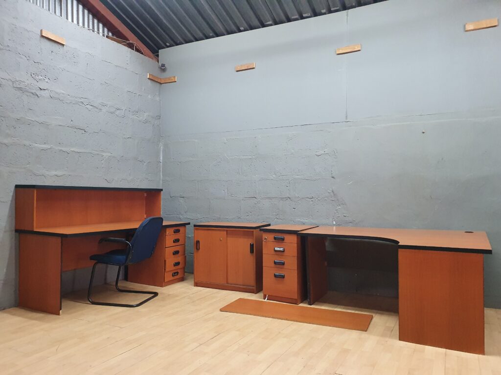 Used Office Desk with Hutch, 5-Drawer Right Pedestal, Credenza & Blue Chair (4-piece bundle)
