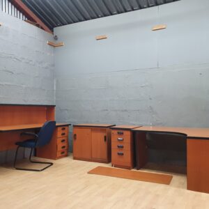 Used Office Desk with Hutch, 5-Drawer Right Pedestal, Credenza & Blue Chair (4-piece bundle)