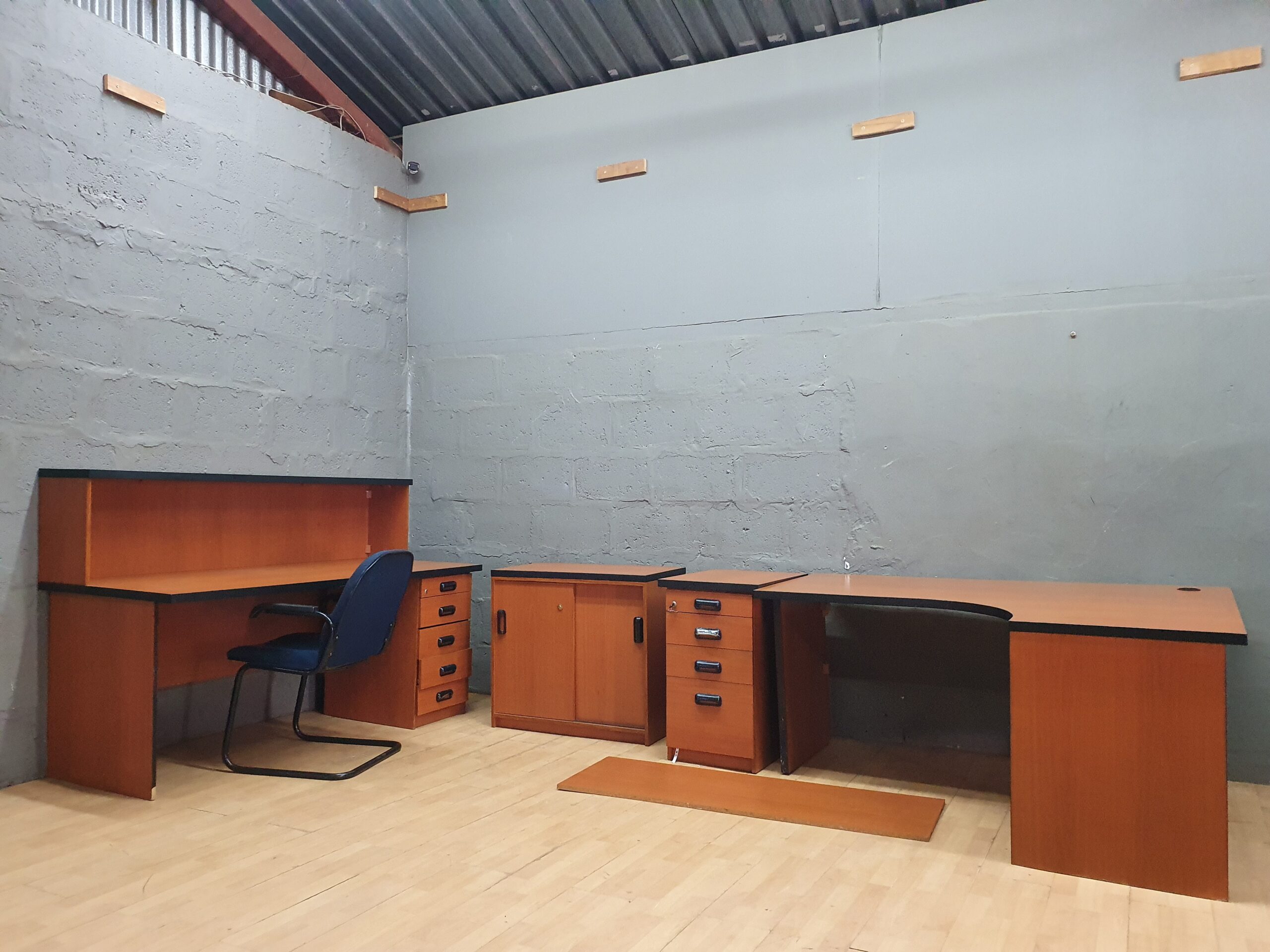 Used Office Desk with Hutch, 5-Drawer Right Pedestal, Credenza & Blue Chair (4-piece bundle)