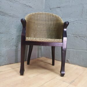 Wicker-style Armchair with Woven Seat and Dark-stained Frame