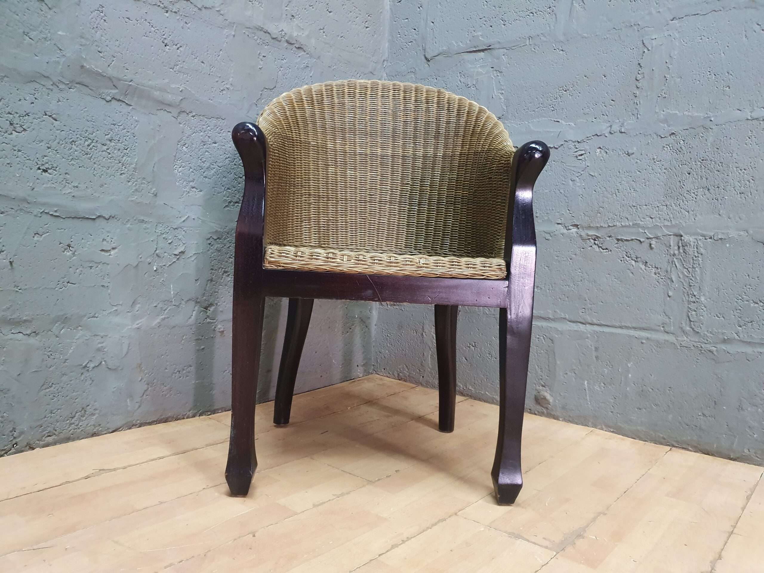 Wicker-style Armchair with Woven Seat and Dark-stained Frame