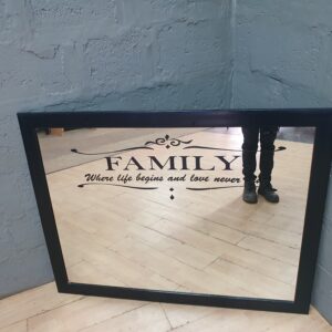 Large Black Framed Wall Mirror with 'FAMILY' Decorative Text, 105 x 135 cm