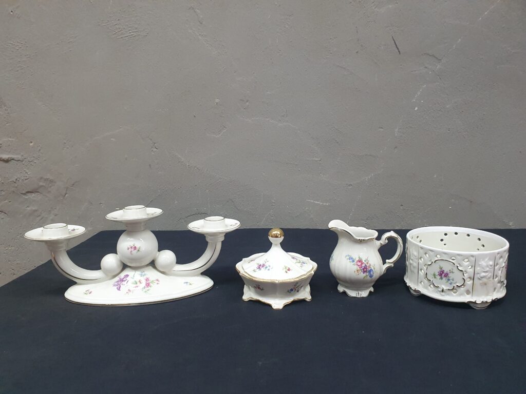 Four-piece Floral Porcelain Decorative Set (candlestick, lidded dish, creamer, bowl)