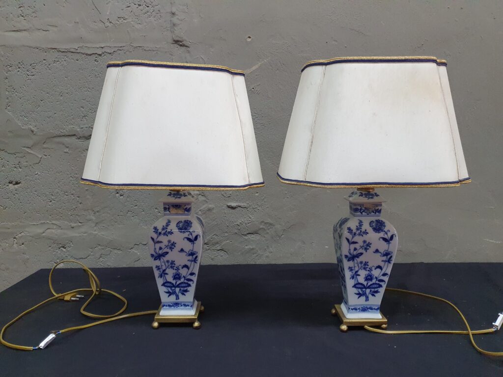 Pair of Blue-and-White Porcelain Table Lamps with Fabric Shades (Set of 2)