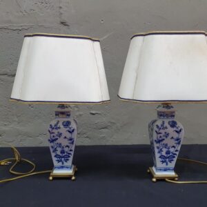 Pair of Blue-and-White Porcelain Table Lamps with Fabric Shades (Set of 2)