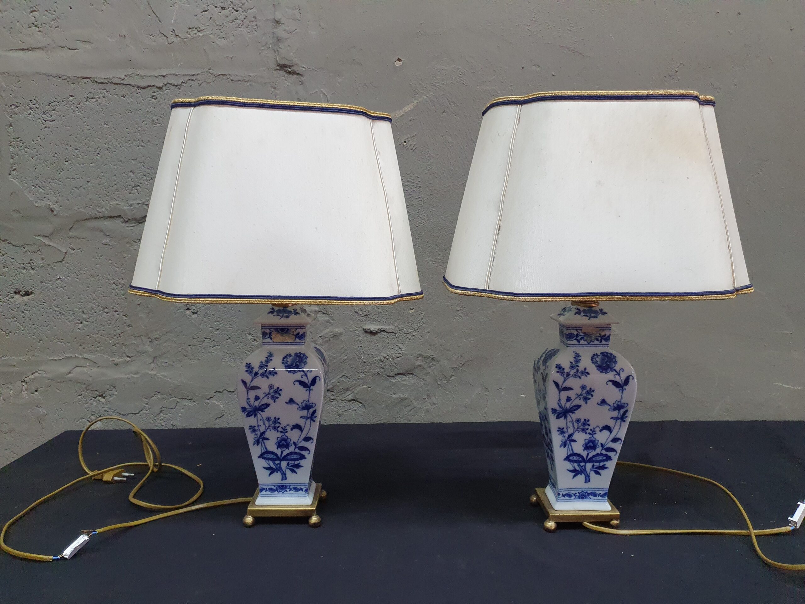 Pair of Blue-and-White Porcelain Table Lamps with Fabric Shades (Set of 2)