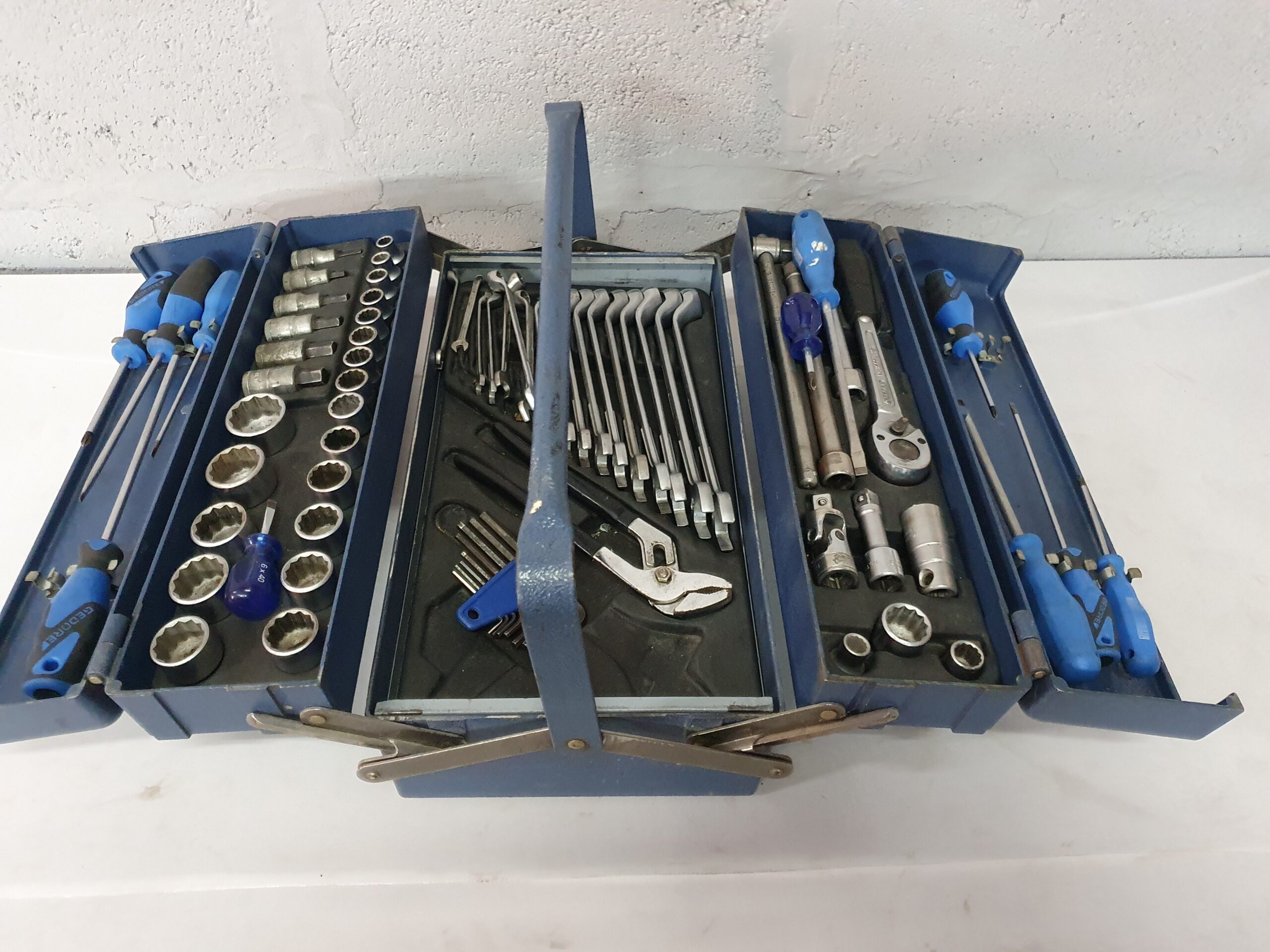 Blue Gedore Metal Toolbox with Assorted Hand Tools (Wrenches, Ratchet, Sockets)