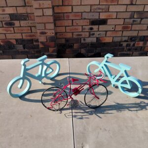 Set of 3 Decorative Bicycles — 2 Wooden Cutouts + 1 Wire Mini Bike