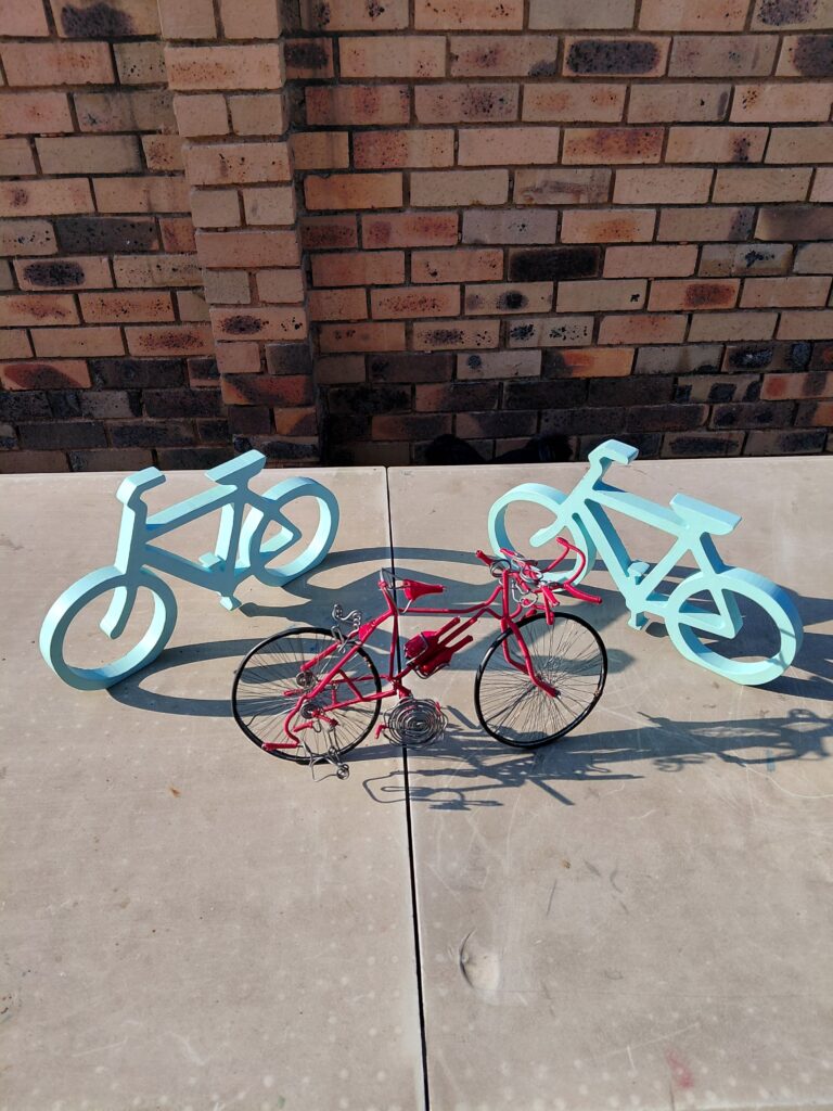 Set of 3 Decorative Bicycles — 2 Wooden Cutouts + 1 Wire Mini Bike