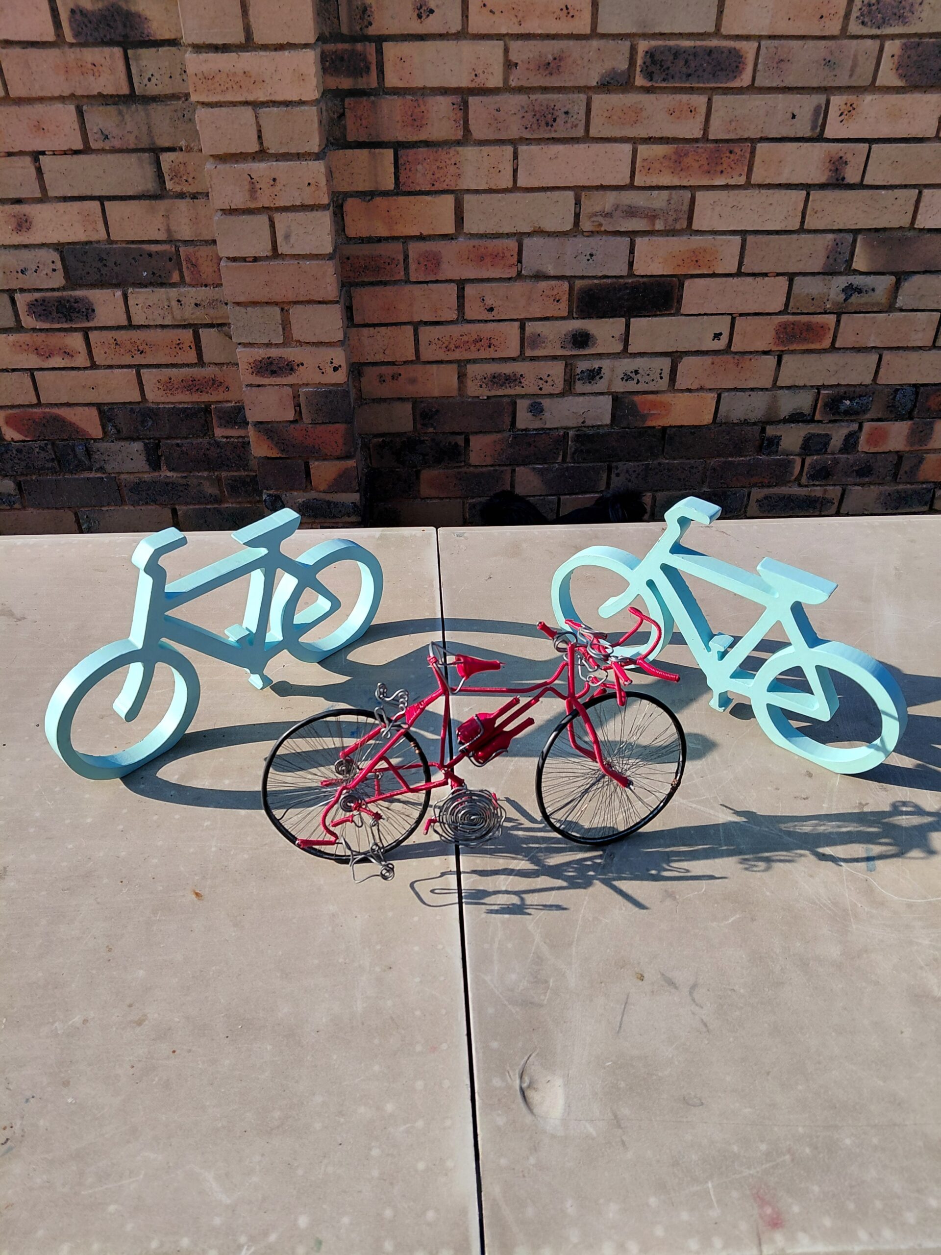 Set of 3 Decorative Bicycles — 2 Wooden Cutouts + 1 Wire Mini Bike