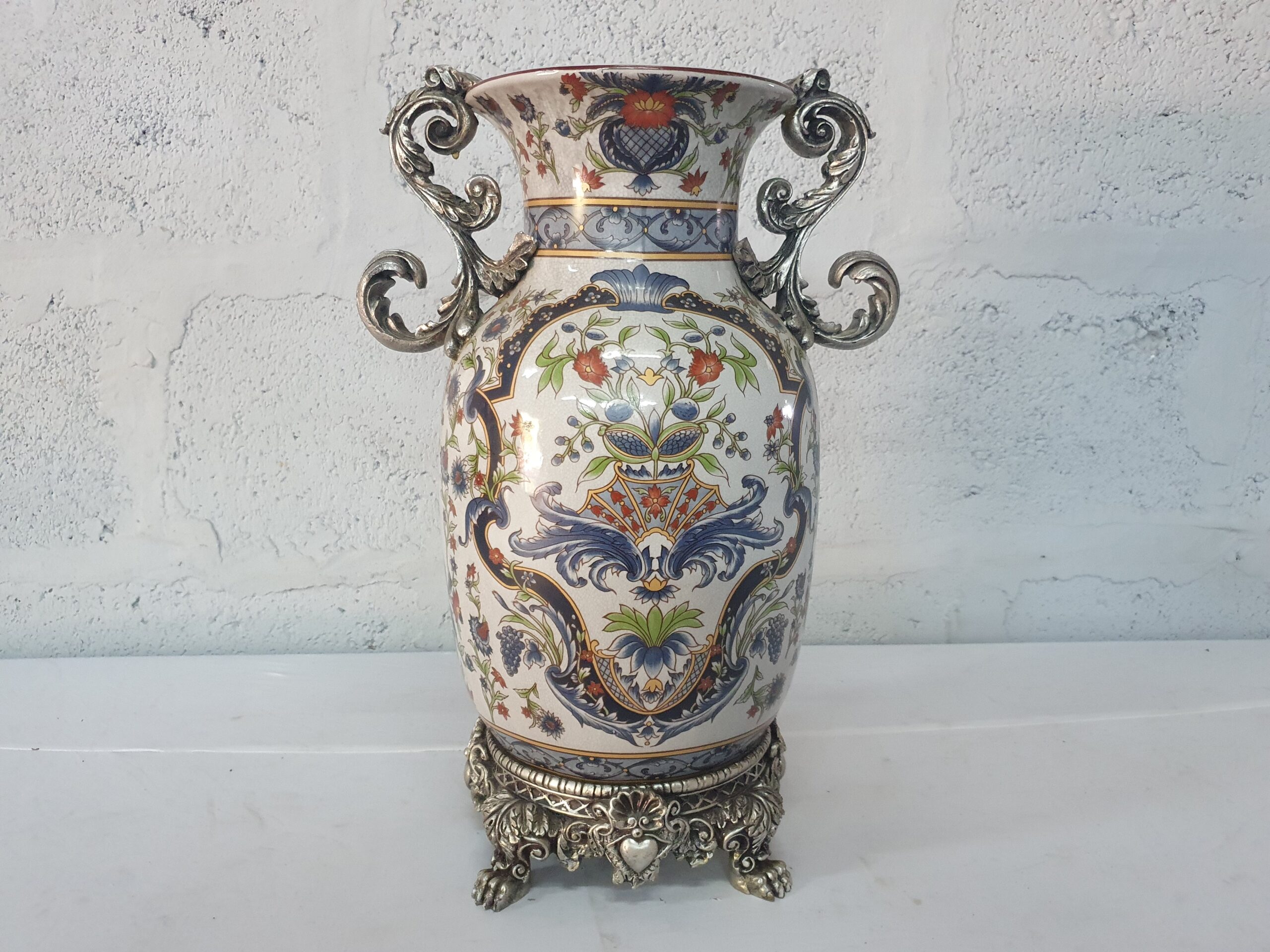 Capodimonte Meissen or Serves’ Style Vase on Ornate Metal-Coloured Stand, 42cm H